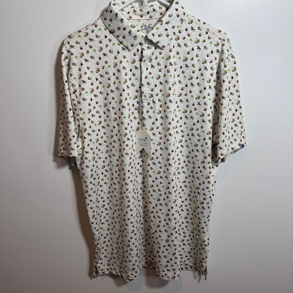 1764 Golf Mens Large White Tropical Coconut Palm Tree Performance Polo Shirt New